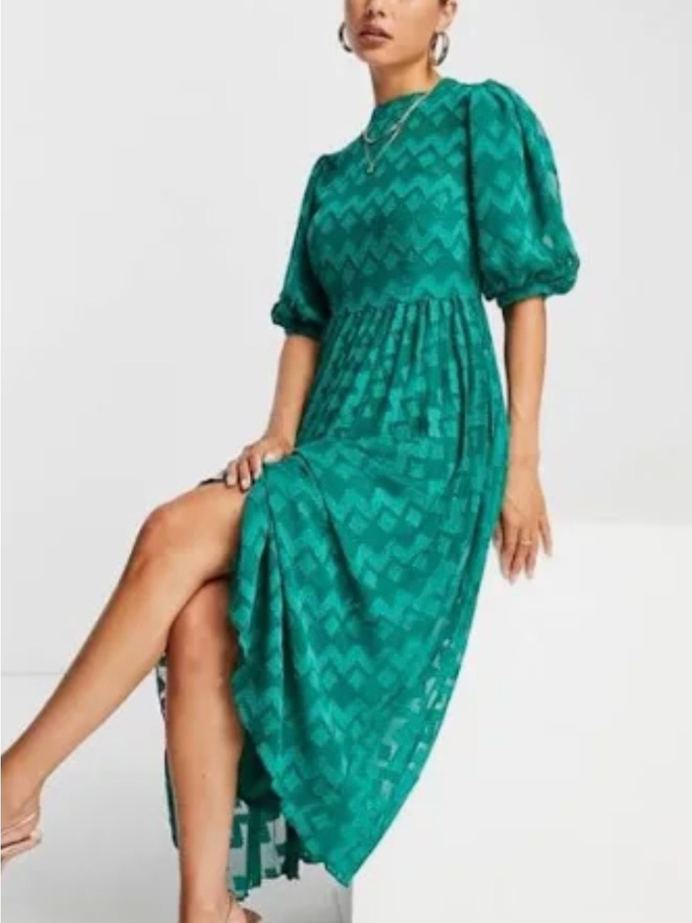 ASOS Teal Chevron Puff-Sleeve Midi Dress